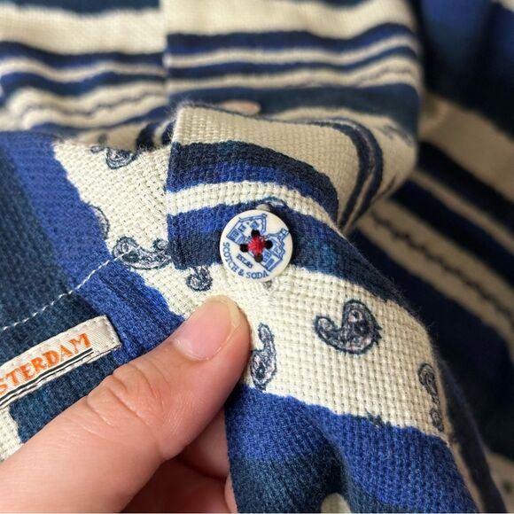 Scotch & Soda Navy Blue Creme Patchwork Printed Camp Button Down Shirt XL Indie - Picture 9 of 12